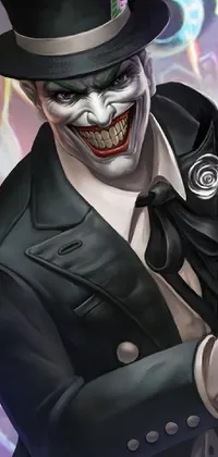 Get this mesmerizing cell phone live wallpaper featuring a man in a top hat with a joker-like smile while holding a phone