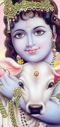 This phone live wallpaper depicts a beautiful painting of a child holding a cow, set against a background of a blushing deity