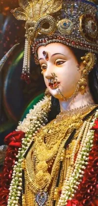 This phone live wallpaper showcases a mesmerizing statue of a woman in traditional garb that has been trending on various popular art platforms