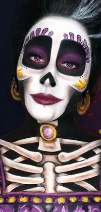 Get this stunning phone live wallpaper now! It features a beautiful woman in a black and violet costume, with makeup including a skeleton painted on her face