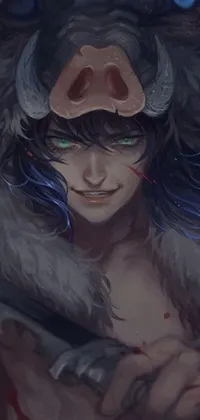 This live wallpaper showcases a close-up of a furry creature holding a sword, dressed as a bull with horns on their head