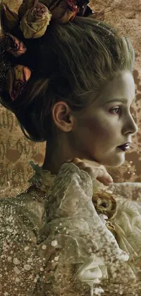 This stunning phone live wallpaper features a woman with a flower in her hair, dressed in an ornate Victorian gown