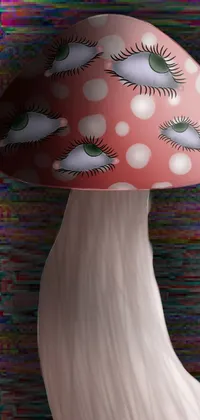 This phone live wallpaper features a stunning close-up of a mushroom with eyes on it, staring at the viewer in a surreal, glitchcore/witchcore style