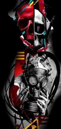 This live wallpaper features a striking black and white photo of a person wearing a gas mask, with vibrant multicolored t-shirt designs in the background