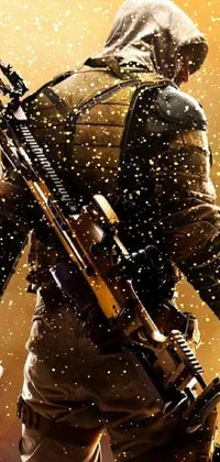 This captivating live wallpaper showcases a hooded figure holding a rifle in the midst of a sandstorm