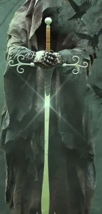 Looking for a captivating phone live wallpaper that's truly unique? Look no further than this stunning digital artwork! The wallpaper depicts a mysterious hooded figure holding a glowing green sword