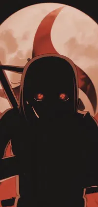 This live wallpaper features a striking anime drawing of a red ninja standing before a full moon with a scythe in hand