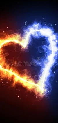 This phone live wallpaper features a fiery flaming heart made up of neon lights, blended perfectly with a misty blue, white and red background