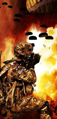 This phone live wallpaper depicts a soldier holding a rifle amidst a rain of parachutes in a fiery, posterized digital art depiction