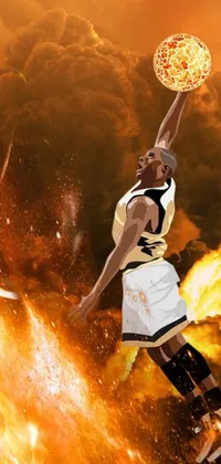 This live phone wallpaper showcases an impressive scene of a man gliding with a basketball while explosions and fire decorate the background