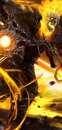 This iPhone live wallpaper depicts a male biker on a flaming motorcycle in a fantasy world