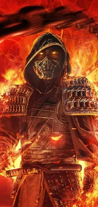 This dynamic phone live wallpaper features a tough-looking man making a bold stand in front of a raging fire