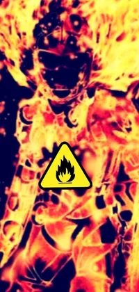 This phone live wallpaper showcases a close-up of a firefighter in full gear with a bold warning label in the background, rendered with digital art