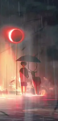 Discover a breathtaking phone live wallpaper featuring a romantic scene of two people standing under an umbrella in the rain during a blood moon