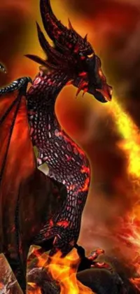 This stunning mobile wallpaper depicts a fiery red dragon
