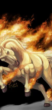 This live wallpaper depicts a white horse with flames spewing from its rear legs, in an art style inspired by the popular Pokemon franchise