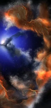 This phone live wallpaper features a digital art image by Zoran Mušič of a black hole in the sky with an orange fire and blue ice duality