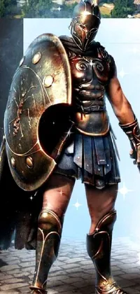 This incredible phone live wallpaper features an armored warrior wielding a sword and shield while donning a Greek palla