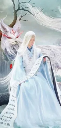 This phone live wallpaper features a serene and mystical painting, showcasing a woman with long white hair dressed in a white robe, sitting on a tree branch alongside a bird