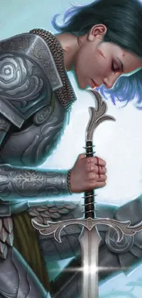 This phone live wallpaper showcases a powerful fantasy scene featuring a fierce woman with a sword