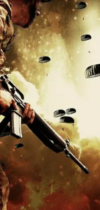This live phone wallpaper features a soldier holding a rifle amidst a sea of parachutes