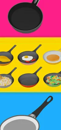 The phone live wallpaper features a playful design with frying pans arranged in a vibrant and colorful background
