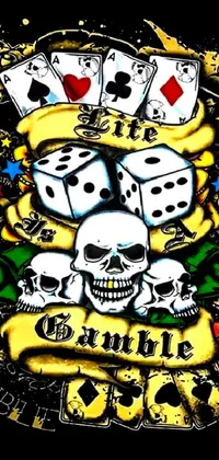 This live phone wallpaper boasts a cool t-shirt with skull and playing cards graphics, dribble, thug life, and a casinosque aesthetic
