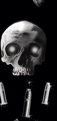 Experience the ultimate chilling vibe with this unique phone live wallpaper - a black and white photograph of a human skull and digital art renditions of three heads
