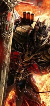 Enhance your phone display with this epic live wallpaper featuring a fierce robot holding a sword