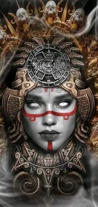 This striking live wallpaper features a close-up shot of a mask with an afrofuturistic design inspired by Aztec mythology and the city of Tenochtitlan