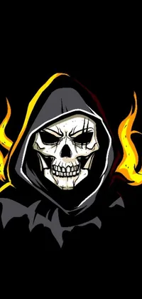 This phone live wallpaper is an edgy and striking design featuring a vector art skull wearing a black hoodie against a fiery orange and yellow background