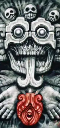 This live phone wallpaper showcases a psychedelic art painting of a skeleton holding a heart against a teonanacatl glyph-inspired background
