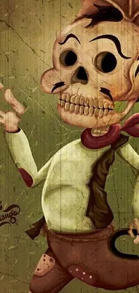 This phone live wallpaper features a painting of a cowboy skeleton, with a lowbrow aesthetic and Disney-inspired elements