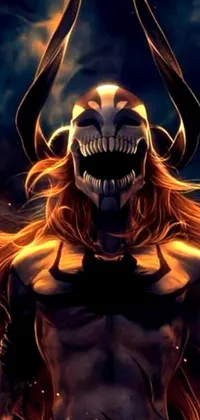 This live phone wallpaper offers an atmosphere of mystique and darkness with a female character possessing horns and a demonic face, a twisted god without a face, a grinning devil, and fiery orange and red flames in the background