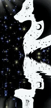 This phone live wallpaper features stunning black and white digital art of a sea horse swimming amongst stars and a flying cosmic canada goose