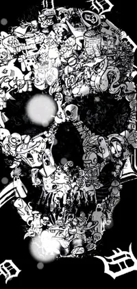 This black and white digital art live wallpaper features a highly detailed skull drawing with a sots art influence, making a powerful political statement