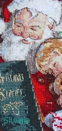 Get into the holiday spirit with a charming cross stitch inspired live wallpaper of Santa Claus reading a book to a little girl