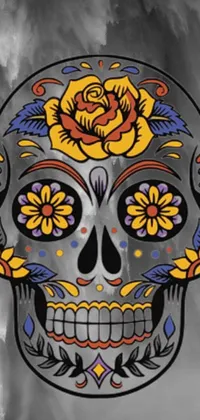 This phone live wallpaper showcases a detailed digital drawing of a skull with a rose, inspired by Mexican folk art