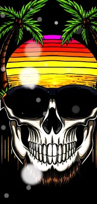 This phone live wallpaper features a funky and vibrant design, with a bold skull wearing sunglasses as the centerpiece surrounded by swaying palm trees against a vibrant rainbow-filled landscape