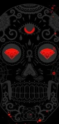 This mobile live wallpaper showcases a devilish skull with vibrant red eyes set against a pitch-black background