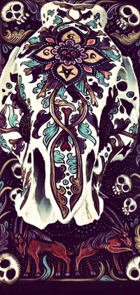 This live phone wallpaper features an intricately painted, psychedelic skull placed in a lavish art nouveau-style frame