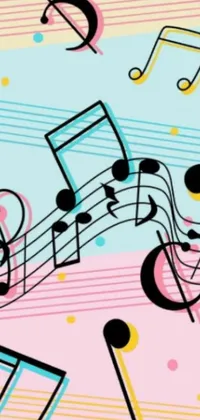 This lively phone live wallpaper features a colorful design of musical notes on a pink and blue background with accents of turquoise, pink, and yellow