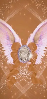 This live phone wallpaper showcases a captivating image of an angel with wings, set against a warm brown background, and adorned with dazzling crystals