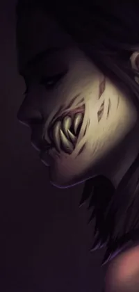 This phone live wallpaper features a striking image of a woman with stunning makeup and sharp vampire teeth