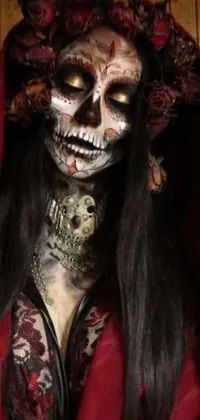 This Gothic live wallpaper depicts a stunning Mexican woman in a beautifully detailed skull-like painted face