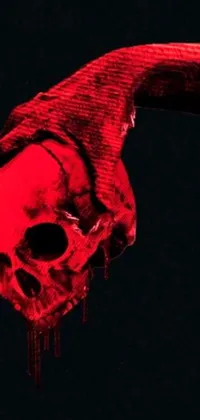 This live wallpaper features a vivid red color bleed and showcases a skull hanging upside down in the dark
