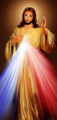 This live phone wallpaper showcases a serene painting of Jesus with a vibrant halo of light emanating from his hands and arms against a soft warm background, with the word "Jesus" in bold letters