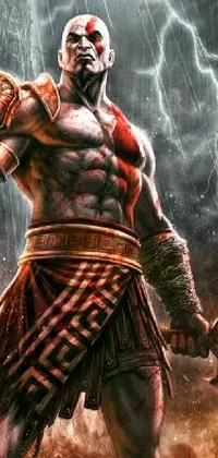 This live phone wallpaper depicts a striking image of Kratos, a powerful god from the popular video game God of War, in 256x256 resolution