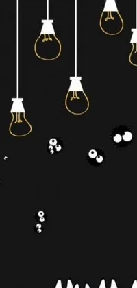 This dynamic live wallpaper features a captivating concept art design of multiple light bulbs hanging from the ceiling against a plain black background