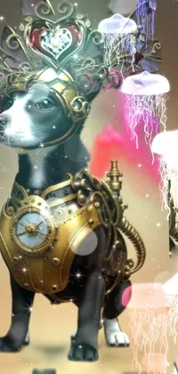 Looking for a mesmerizing live wallpaper for your phone? Check out this steampunk-inspired design featuring a black and white dog wearing an elaborate costume